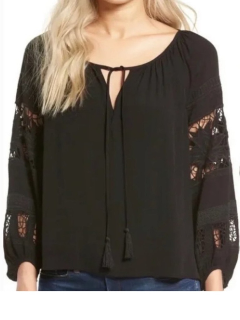 Like New ASTR Black Crochet-Sleeve Peasant Style Lightweight Whimsey Top Size S